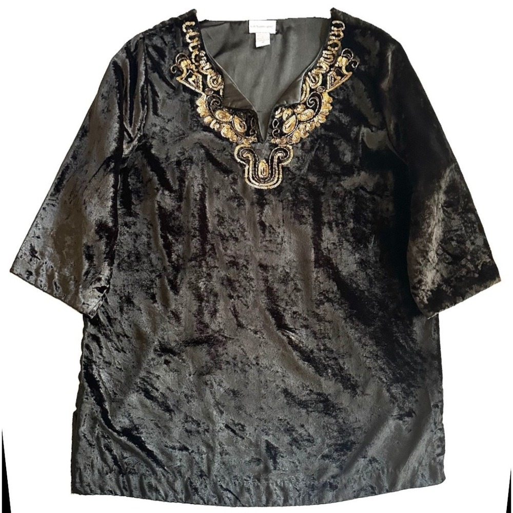 Soft Surroundings 1X Crushed Velvet Sequin Beaded Tunic Top Black